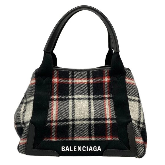 Auth BALENCIAGA Navy Cabas S 339933 Black Light gray Multi Wool Leather Tote Bag